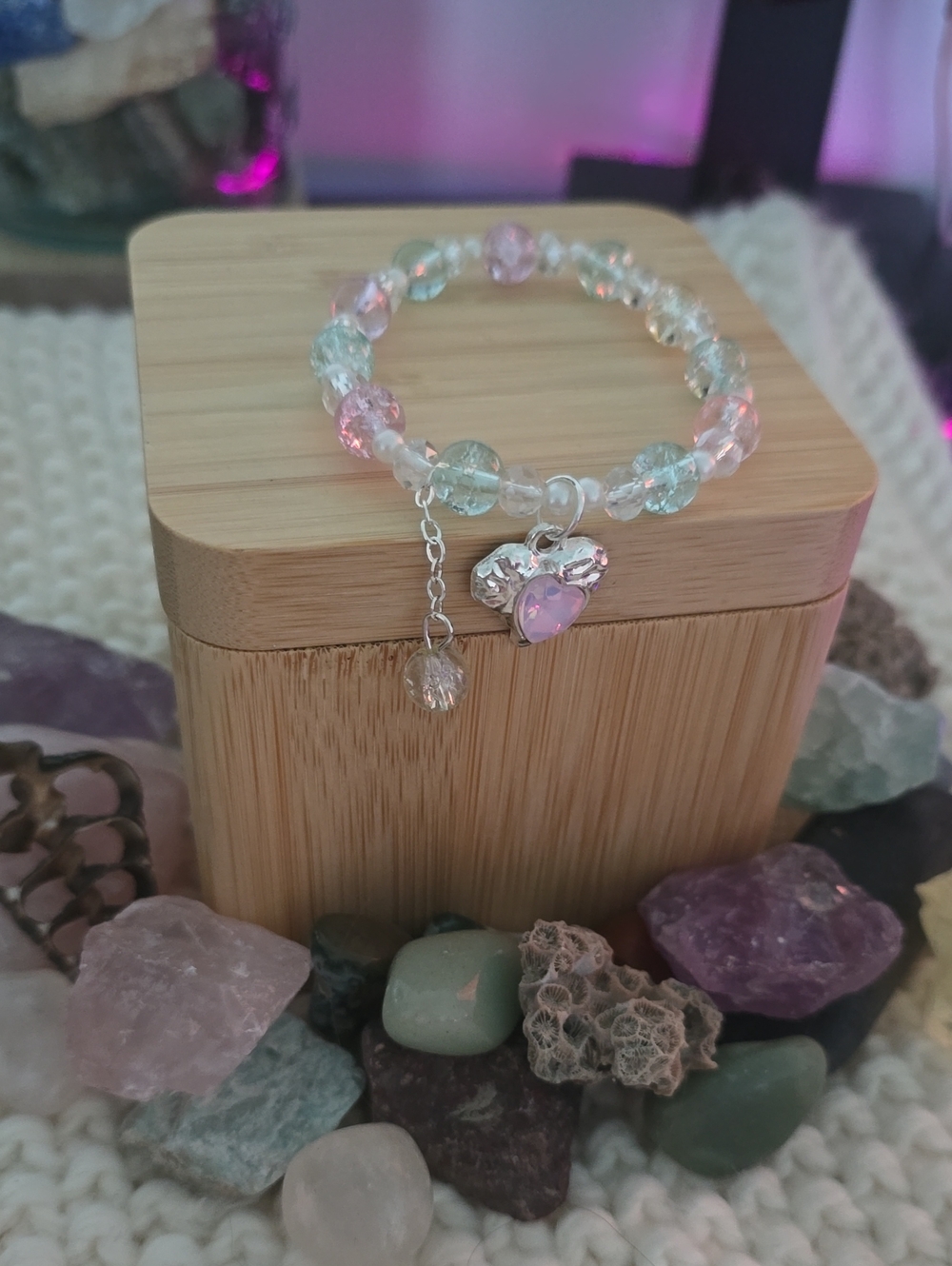 Pastel Pink & Mint Glass Beaded Charm Bracelet